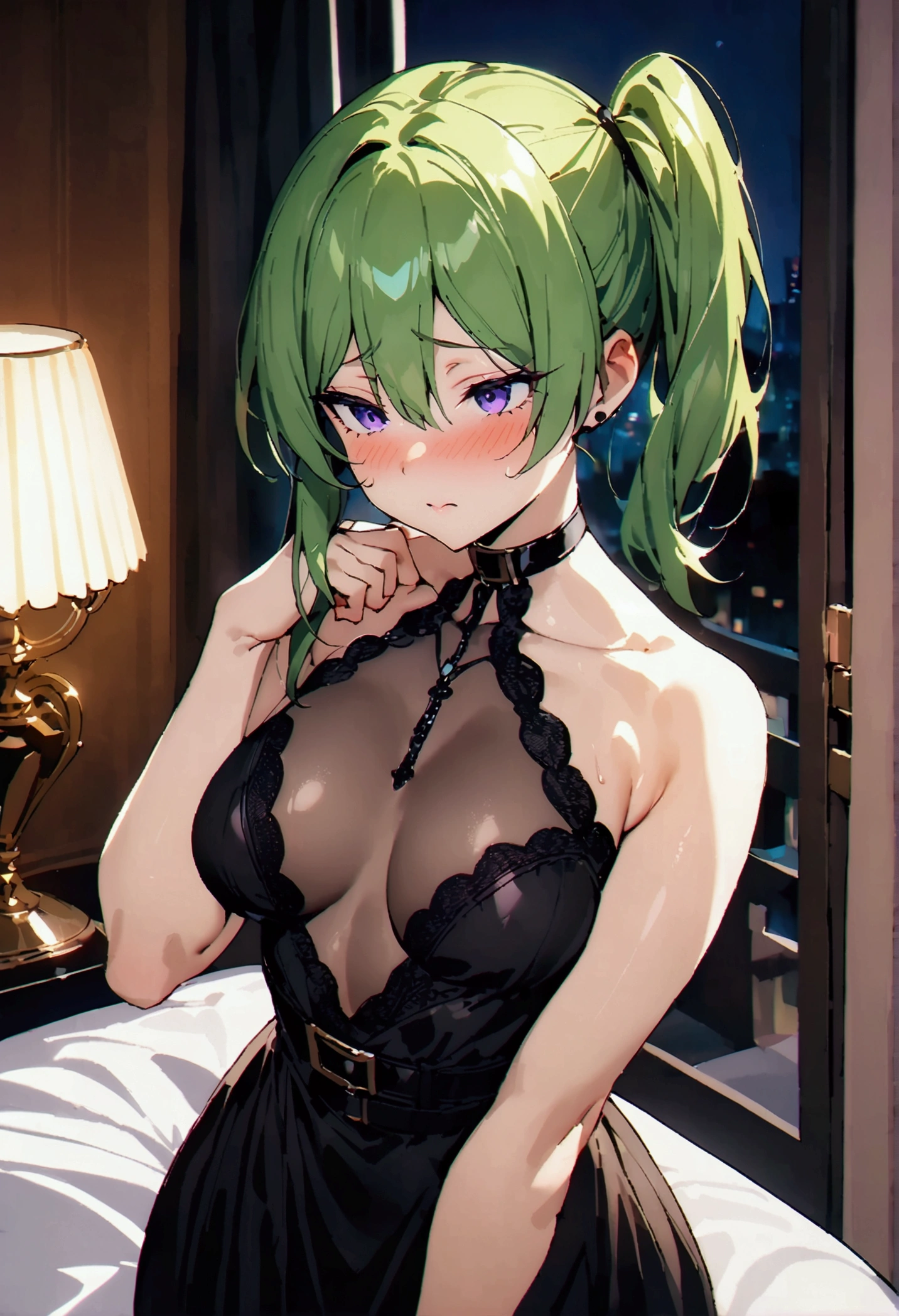NSFW,masterpiece,Highest quality,High resolution,Super detailed,Uber\(Funeral of Frieren\),Green Hair、bangs、Hair between the eyes、Side Ponytail、Purple Eyes、Black choker、clavicle、High slit lace long dress、Sleeveless see-through dress、Halter neck,belt,Embarrassed,blush,Luxurious Room,Brothel at night,heart,Sexy pose