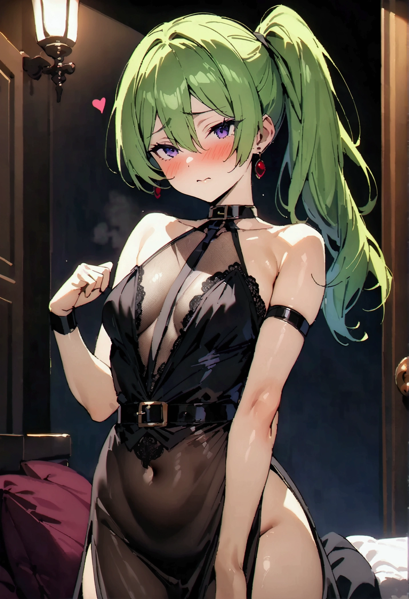 NSFW,masterpiece,Highest quality,High resolution,Super detailed,Uber\(Funeral of Frieren\),Green Hair、bangs、Hair between the eyes、Side Ponytail、Purple Eyes、Black choker、clavicle、High slit lace long dress、Sleeveless see-through dress、Halter neck,belt,Embarrassed,blush,Luxurious Room,Brothel at night,heart,y pose