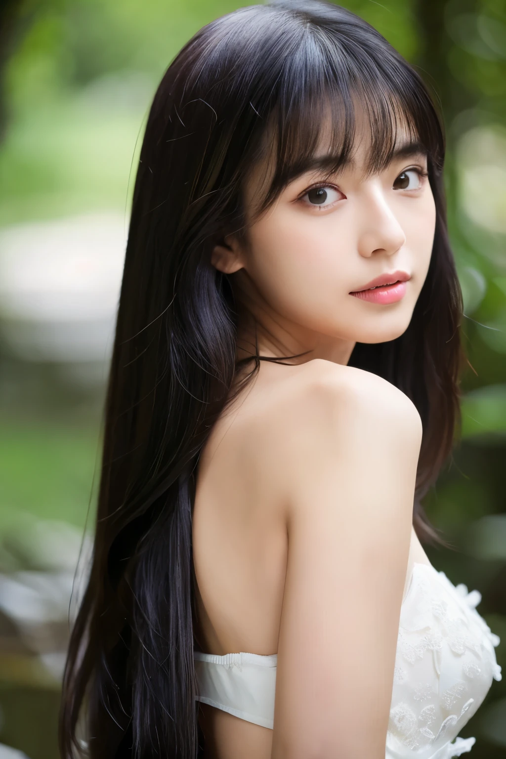 ((best quality、8K、masterpiece:1.3))、Ultra-high resolution、(photorealistic:1.4)、original photo、Japanese,(detailedface)、real、Shoot in natural light、Highly detailed face and skin textures、Highly detailed lips、The correct state of the human body、Straight Hair、Black Hair、Various postures、Natural lipstick 、Long hair、((Black HairStraight Hair))、Straight Hair、Shot from behind、Don't look at the camera、Professional lighting、angle from behind、Shoot in natural light、Super Detail、30th Generation、actor、The hairstyle is Straight Hair、Emphasize the shine of hair、White shirt、White Wall、Shot in front of white door、(White Wall room with window)