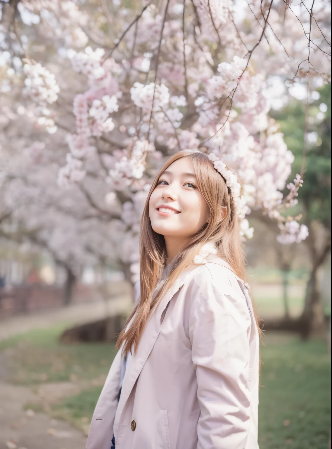 A Japanese realistic long-haired girl, with a good figure. At Shinjuku Gyoen. with a simple smile on her face. beautiful, High quality, Night view, and Realistic. Shot from a distance.