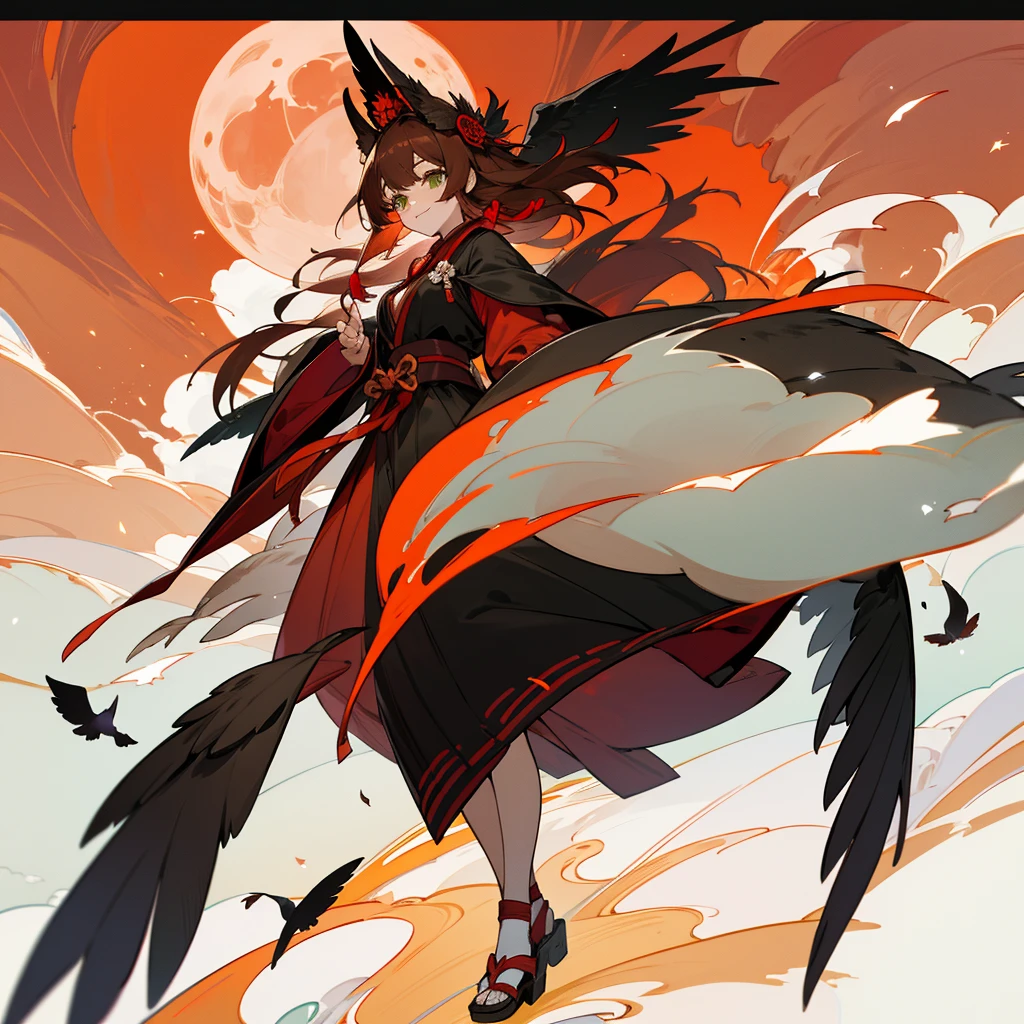 kawaii, anime, Cute, hyper quality, highly detailed, 16k, Front facing, Clarity, full body, smile, Inciting point of view, one girl, long brown hair, green eyes, yukata, wear a fox mask, red torii, A row of torii gates, creepy laughter, worship path, evening, Red Moon, crows dance, The black feathers of the crow are dancing, Shining big tree, Fantastic, evening, shrouded in fog, cluster amaryllis, The wind is blowing, turn half your body, red sky without clouds, ominous, white fox mask, Wear a fox mask on your head, lined with trees, Crow wings grow on the girl's back, row of tall trees, light dances, Richly colored fog, Higanbana are in full bloom, 	
