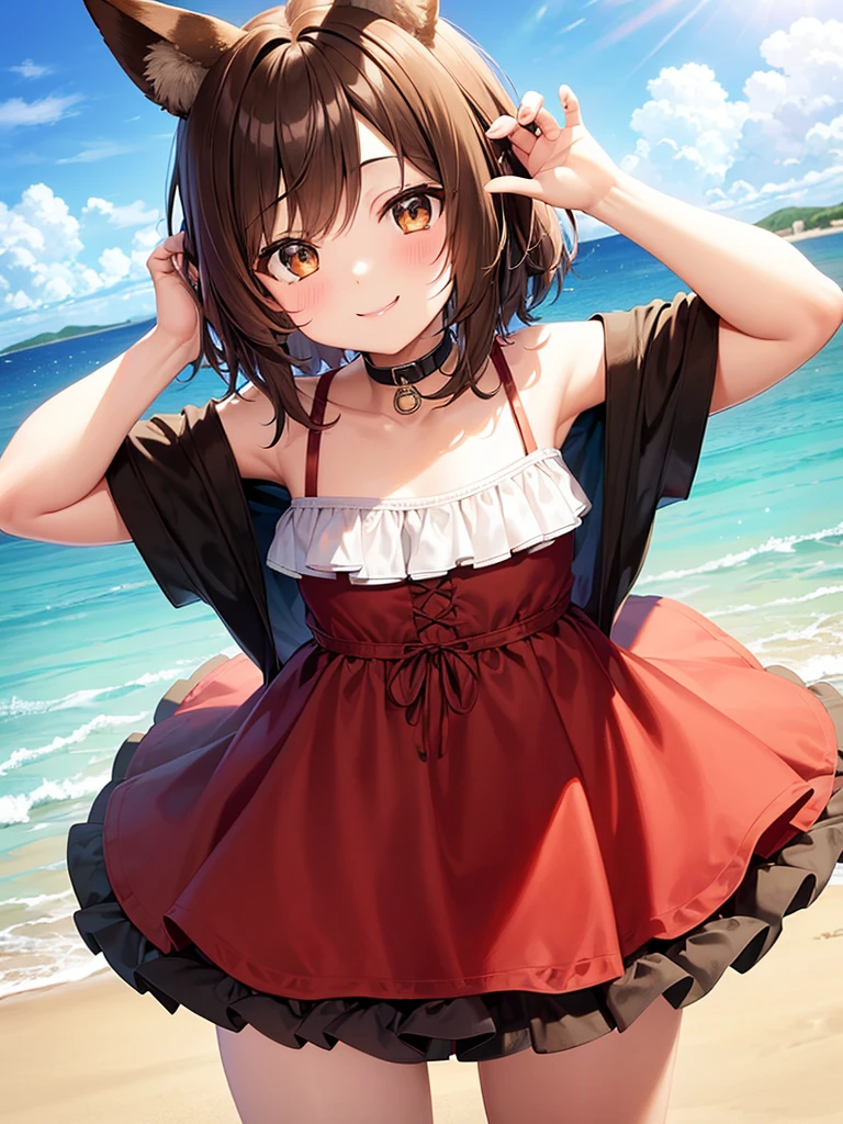 A cute lowteen anime girl, short brown wavy hair, id shot, anime style, big shiny brown eyes, fox ears, 11 yeaer, smile