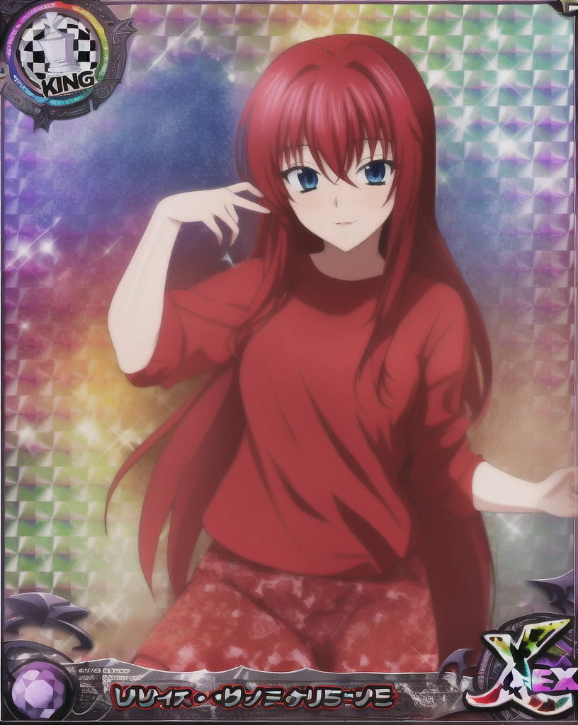 xrossex_card, holocard_background, 1girl, solo, looking_at_viewer, red_shirt, upper_body, red_hair, long_hair, blue_eyes, king_(chess)