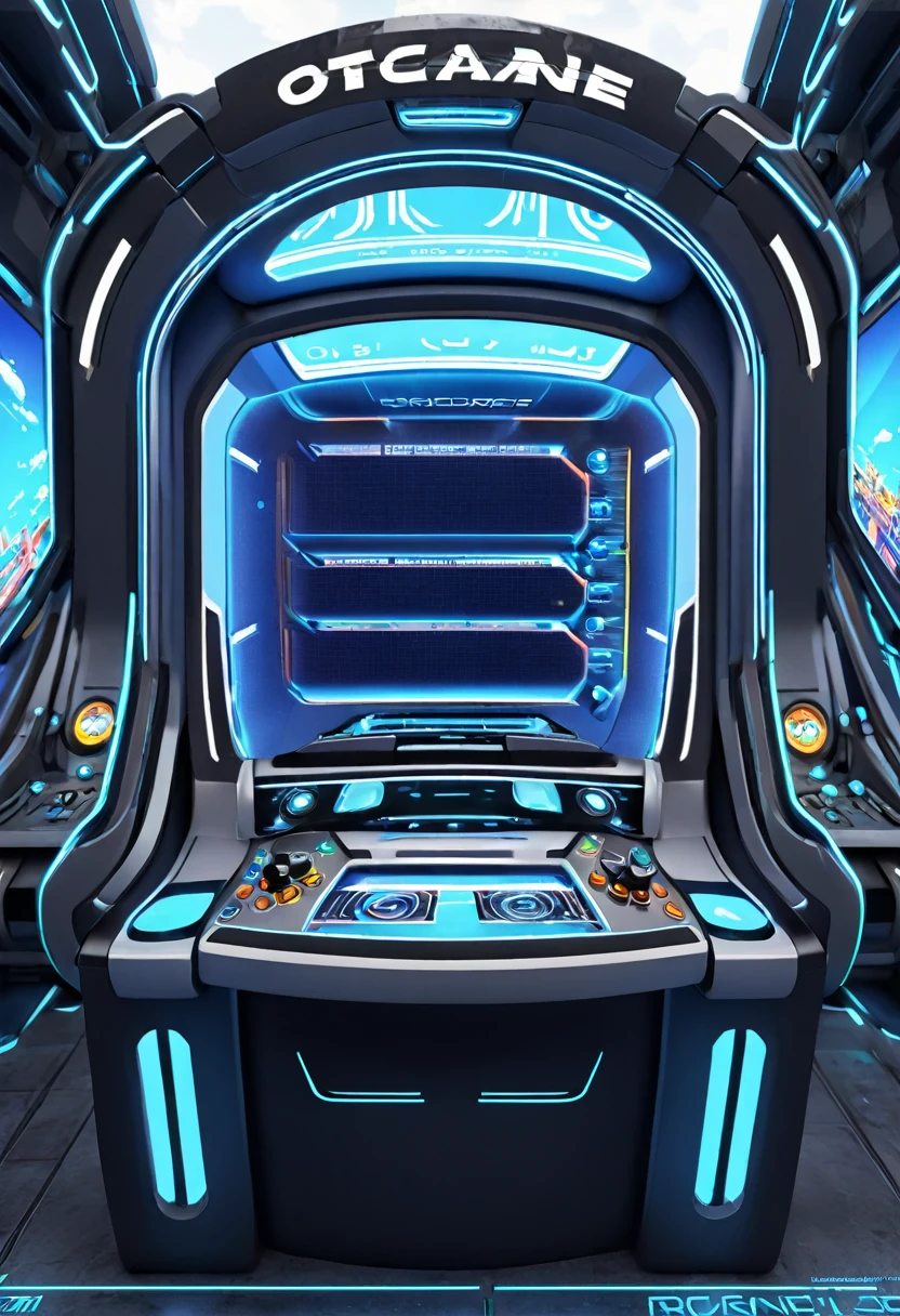 octane render, cinematic, hyper realistic, highly detailed construction, holographic user game dashboard, arch shaped with shelf, designed for kids, 3d controls, futuristic, clear text and simple buttons