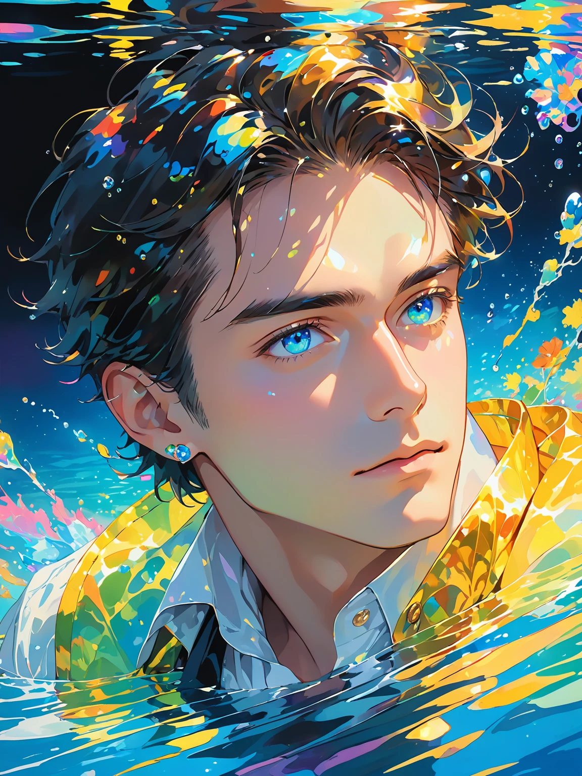 A man swimming underwater with ultra fine rendering style, glow, yellow, blue, paintbrushes, sparkling eyes (gentlemanly gaze: 1), half body close-up, exaggerated perspective, holographic Tindell, rainbow water color, black background, (best quality: 1) (super detail: 1), wearing a white shirt, (open clothes: 1), (black pants: 1), ears with earrings, gentle gaze, eyes reflecting ambient light,