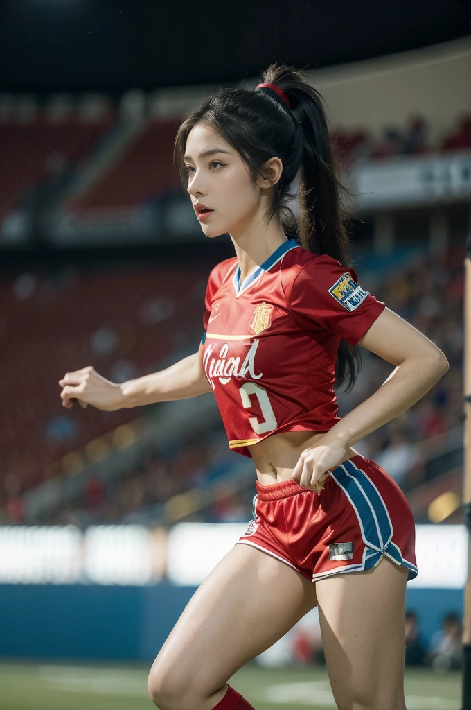 (((best quality))), (((ultra detailed))), (((masterpiece))), illustration,(a beautiful girl,female footballer,solo),(short ponytail:1.2),Spanish team,(short sleeves:1.2),((red jersey, blue shorts)),((slim,thin)),((small breasts,flat chest))),(football:1.2),determination, agility, passion, dedication, energetic crowd, vibrant atmosphere, electric, invigorating, chaotic, aggressive movements, powerful kicks, elegance, composure, intensity, sports, moment, perseverance, stands, packed stands, enthusiastic fans, roaring, supportive, cheering, chanting, sheen of sweat, skillful, dynamic, picturesque, atmospheric, action-packed, dramatic, realistic,adium, night game, stadium lighting, passionate player, focus, determination, talent, artistry, movement, speed, grace,((from front,full body)),(night scene:1.3)