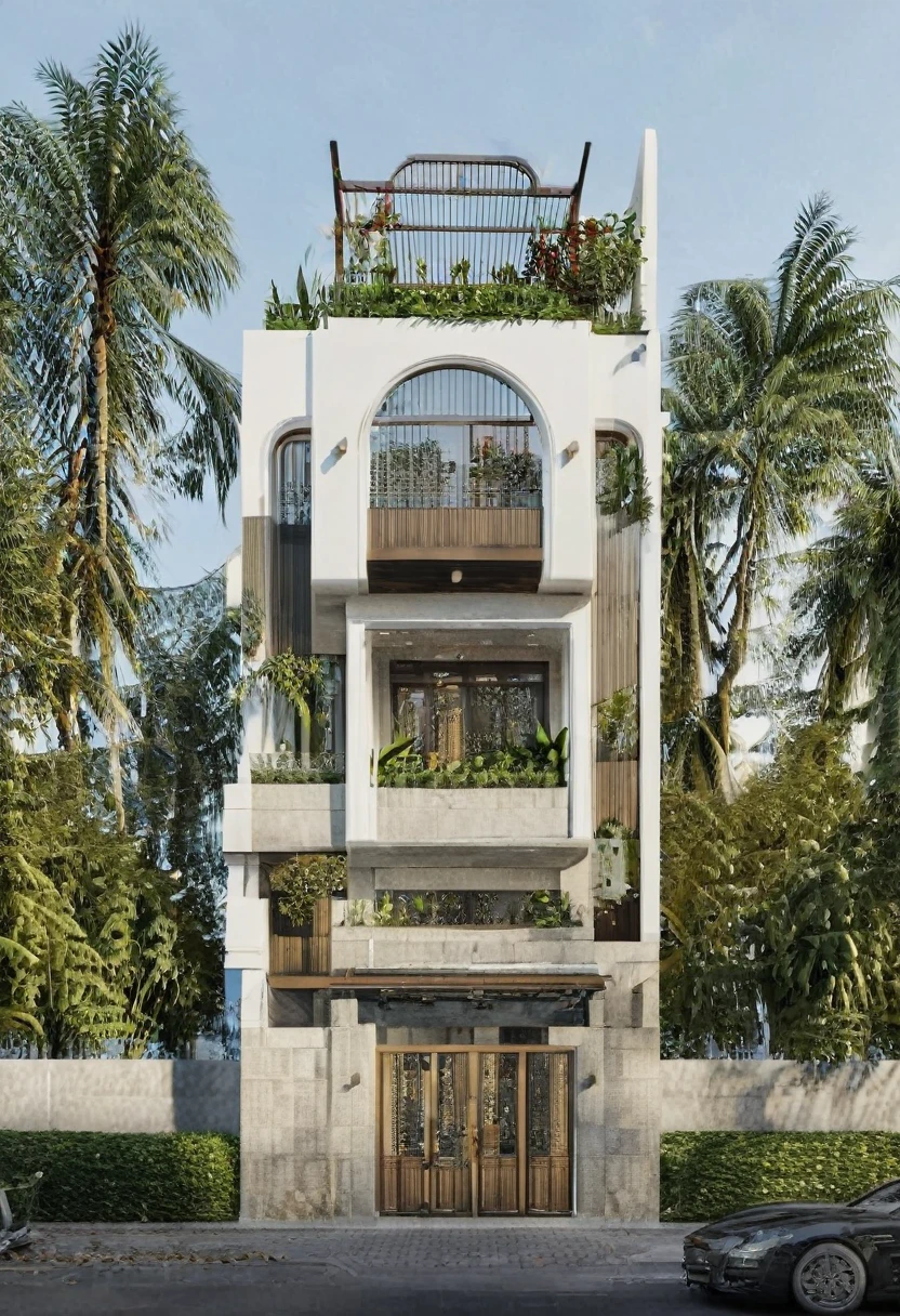 Render a 4-meter-wide, 3-story Indochine-style small townhouse situated in an urban setting. The townhouse features an elegant white facade with traditional Indochine architectural elements, including arched windows, wooden shutters, and decorative railings. The roof is designed with a two-sided slope running from front to back, similar to the style of houses in Hoi An. The exterior walls are adorned with subtle, ornate details that reflect the Indochine style. Incorporate artistic wooden louver panels on the exterior for added visual interest and architectural depth. The ground floor includes a welcoming entrance with classic wooden furniture and traditional lanterns. The street is lined with cobblestone pavement, tropical plants, and urban elements such as street lamps and parked bicycles, creating a harmonious blend of traditional and urban aesthetics. 8k resolution, UHD, high-quality detail, Indochine style, 5-meter-wide facade, 3-story, white exterior, arched windows, wooden shutters, decorative railings, two-sided sloping roof, Hoi An style, classic wooden furniture, traditional lanterns, ornate details, artistic wooden louver panels, urban setting, street view, cobblestone pavement, tropical plants, street lamps, parked bicycles, harmonious blend of traditional and urban aesthetics.