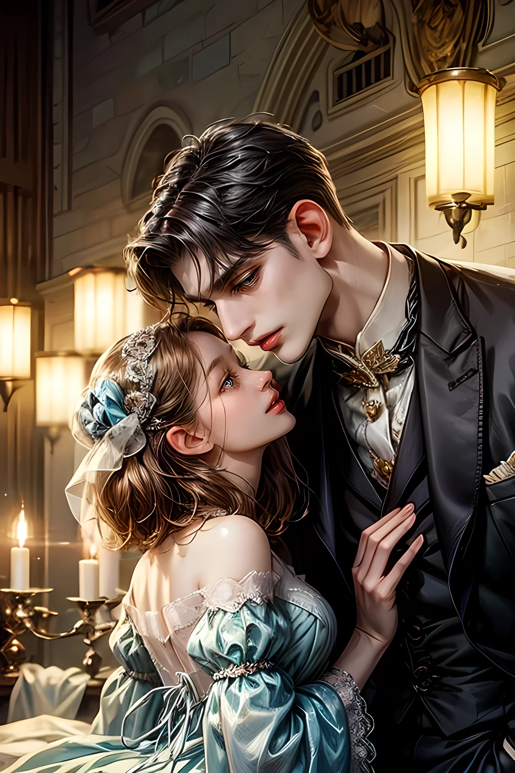 masterpiece, (((best quality))), ((((detailing)))), ((man and woman)), (Ria and Fabian), (couple), (funeral), ((victorian clothes)), (light background), (((detailed face))), (they look at each other),