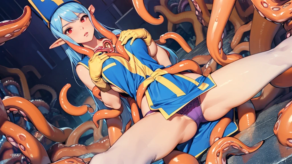 masterpiece,Highest quality, Unreal Engine, Super Resolution, Very detailed,
1 Girl, Waist, thin, (Muscular:0.8)
Round Breasts, Big Breasts, Bold,  Part your lips, Observe the audience,
, sexy pose
Waist shot,(Tentacles entangled in chest:1.6),
Simple background anime style, Key Visual,
 Light blue hair, Red eyes, Long-haired monk \(dq3\)
,Light Blue Panties,Tabard Elbow Gloves,Orange full body pantyhose 1.3,((Spread your legs and raise them:1.3))