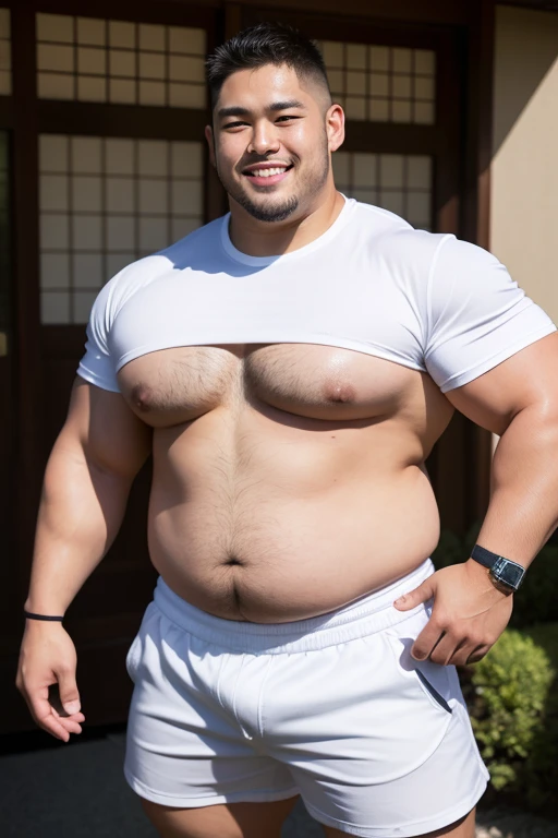 ((highest quality)), ((masterpiece)), (detailed), ((Perfect Face)), 4k, Shaved head, Young Japanese, Muscular, Fat body, Very big man, smile, ((showing off crotch))A large Japanese man topless、whole body、Rugby、Thick legs、Thick arm muscles、Intimidating、whole body、wearing a very tight white shorts