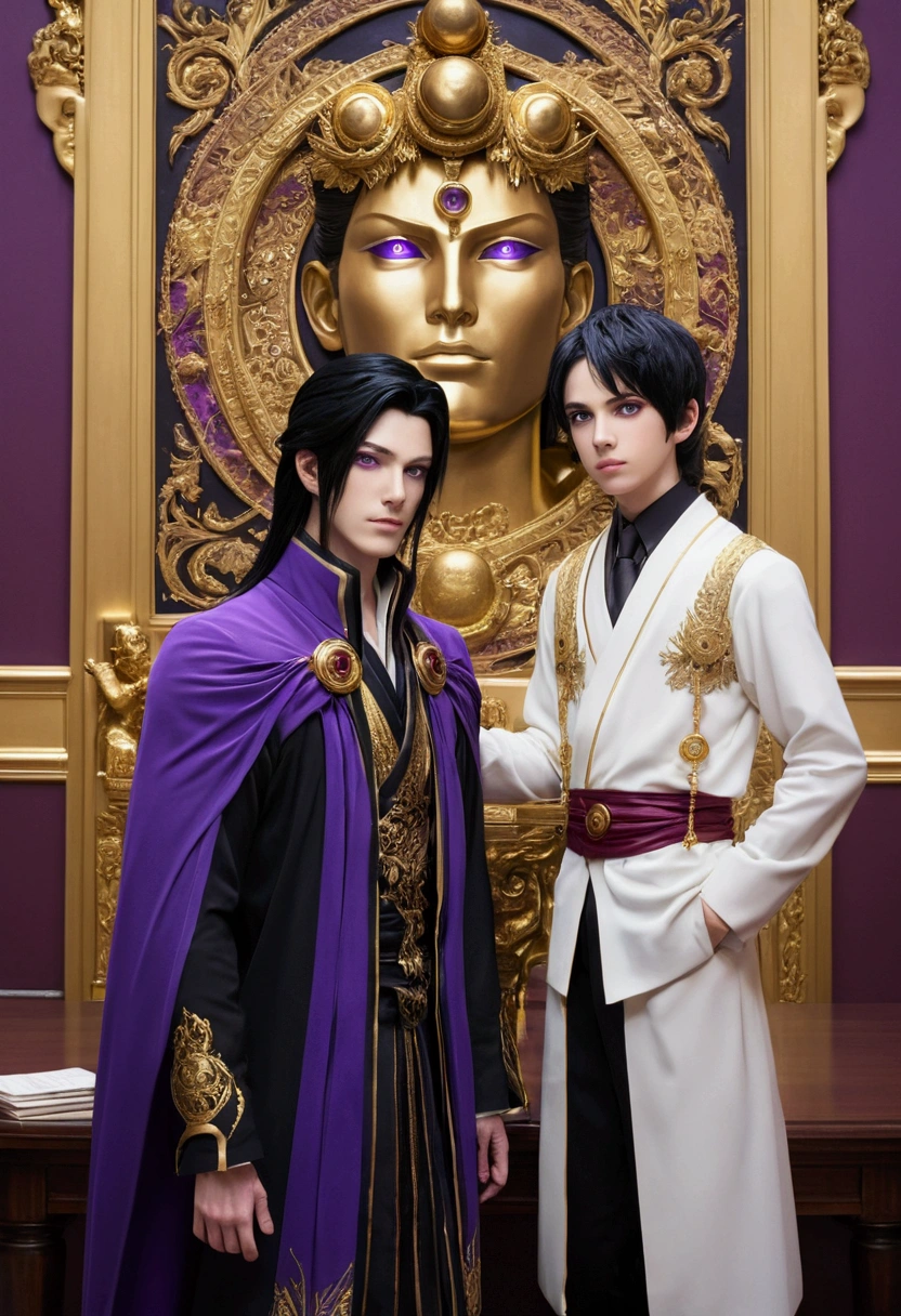 Anime boy with black hair and purple eyes meeting Mammon in the royal academy of diavalo in the classroom