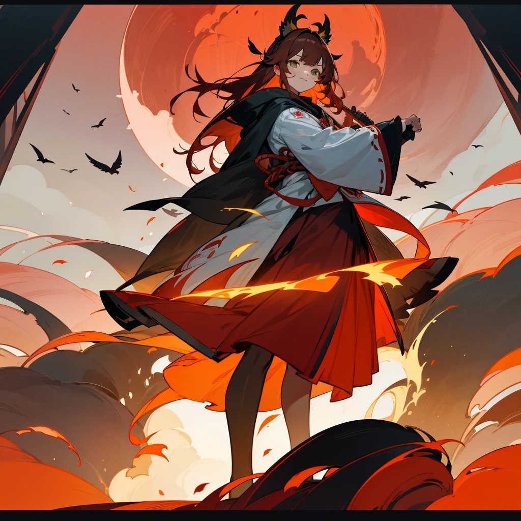 kawaii, anime, Cute, hyper quality, highly detailed, 16k, Front facing, Clarity, full body, smile, Inciting point of view, one girl, long brown hair, green eyes, yukata, wear a fox mask, red torii, A row of torii gates, creepy laughter, worship path, evening, Red Moon, crows dance, The black feathers of the crow are dancing, Shining big tree, Fantastic, evening, shrouded in fog, cluster amaryllis, The wind is blowing, turn half your body, red sky without clouds, ominous, white fox mask, Wear a fox mask on your head, lined with trees, Crow wings grow on the girl's back, row of tall trees, light dances, Richly colored fog, Higanbana are in full bloom,