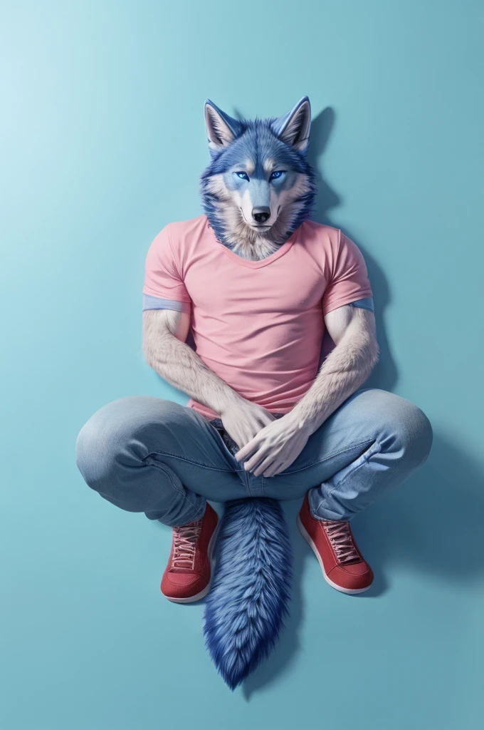 full body Male blue wolf furry blue eyes blue background fluffy tail lying down on the floor with squat legs open skinny light pink color jeans and pink shirts