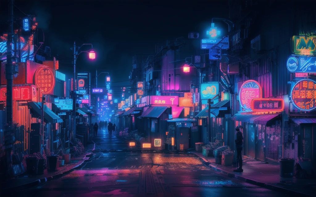 Brightly lit neon lights on city streets at night, Neon Street, Neon lights everywhere, Neon Streetlights, colored neons, City midnight neon lights, There are neon lights at night, bright Neon City lights, 柔和的Neon atmosphere, movie neon matte painting, neon light, Neon City, Neon night, There are neon lights all around, Neon atmosphere, Cyberpunk street at night