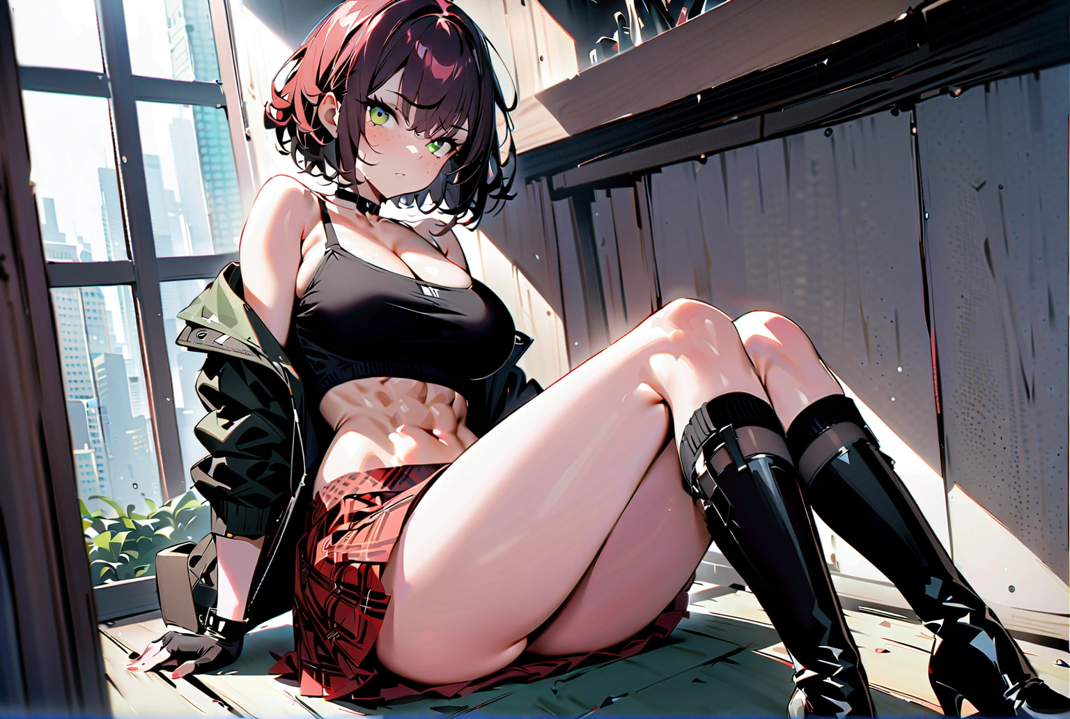 woman, curly red pixie cut hair, green eyes, wearing crop top black shirt, long black jacket, red plaid skirt, (black knee high boots), black fingerless gloves, exposed shoulders, (full body), large breasts, freckles, cleavage, abs, looking at viewer, masterpiece, best quality, sitting cross legged