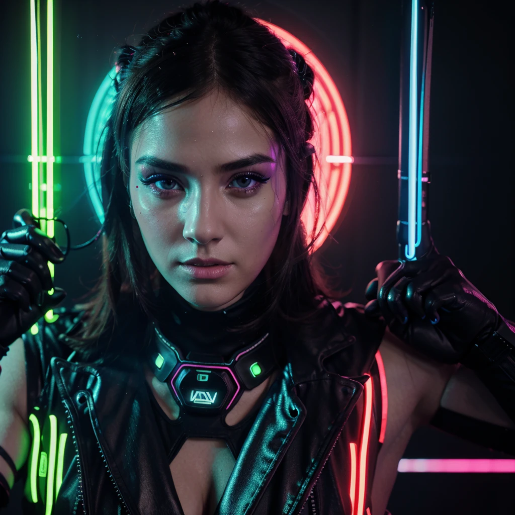 absurd resolution, 8K high resolution, reflection, refraction:1.4 ultra-detailed:1.0 (illustration, line drawing), masterpiece, Bright Background of Neon Club Lights, Headshot portrait, woman, Techno Rave DJ Sexy Woman wearing Neon Clothing, Tron led lights of multiple neon tube light clothing wearing DJ Headset, Woman wearing NEON sunglasses, Highest quality, portrait of a woman from Neck Up cyberpunk dystopian female, detailed face and eyes, gorgeous, seductive penetrating gaze, Sexy Rave clothing with glowing neon wires, wielding a futuristic phosphorescent weapon, neon lighting, looking at viewer, digital photography, dof, sharp focus