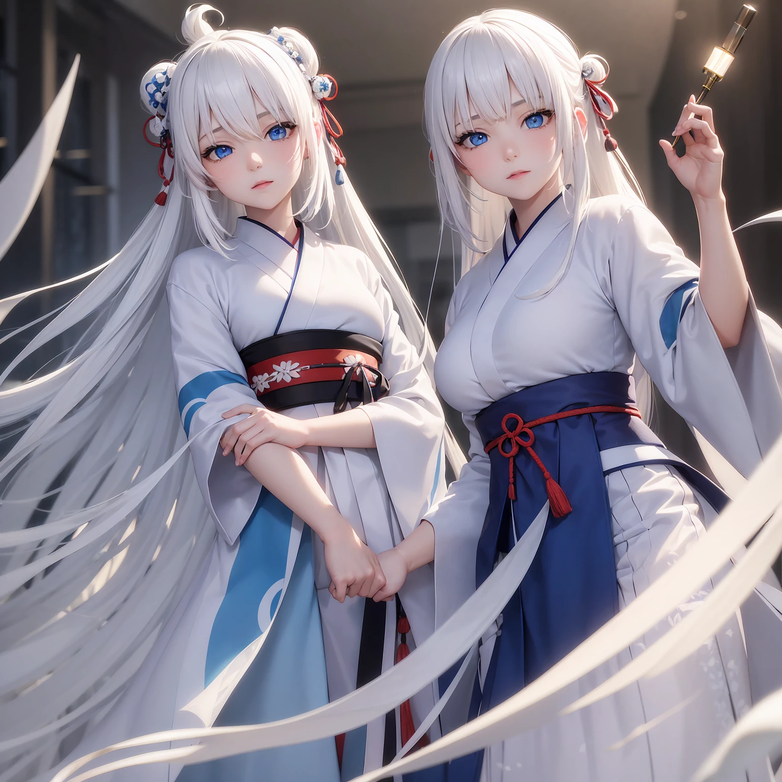 1 girl, white hair, blue eyes, wearing traditional japanese clothing, absurdres, high res, ultrasharp, 8K, masterpiece, looking at viewer