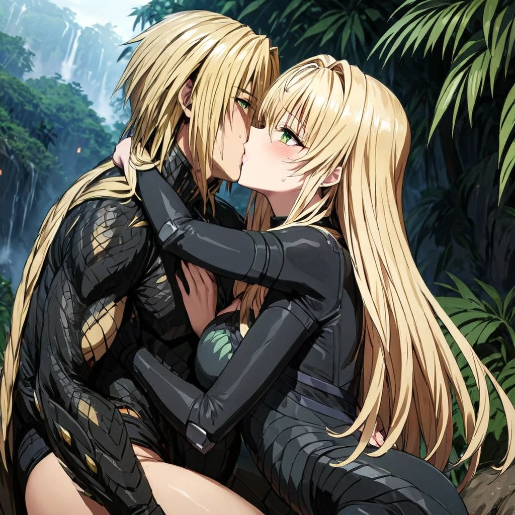 ((Highest quality)), ((masterpiece)), (detailed), （Perfect Face）、The woman is Tiare, a female predator with green eyes and medium-long blonde hair, wearing a black predator bodysuit and carrying a weapon.、In the jungle, she is having sex with a male predator while hugging and kissing him.