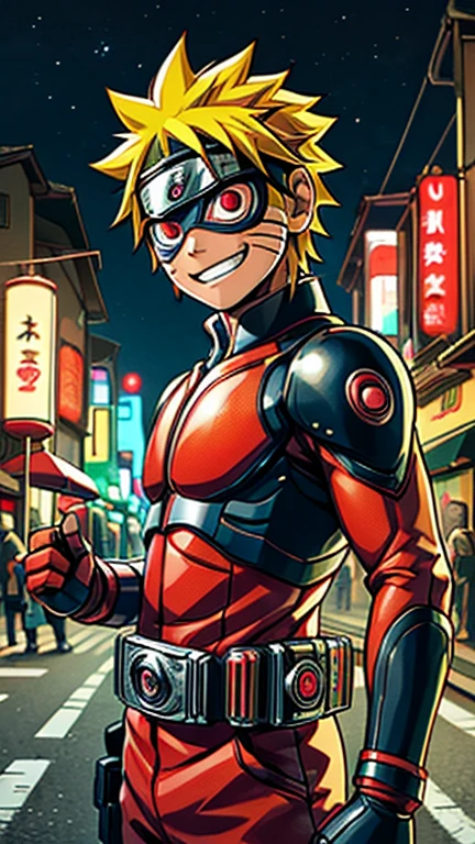 (8k),(masterpiece),(Japanese),(8--old ),((innocent look)),((Childish)),From the front,smile,cute,Innocent,Kind eyes,Flat chest, Uzumaki Naruto,Kamen_Rider,red helmet,red domino mask,camisa,Yellow Hair,Strong wind,night,dark, Neon light cyberpunk Konoha village