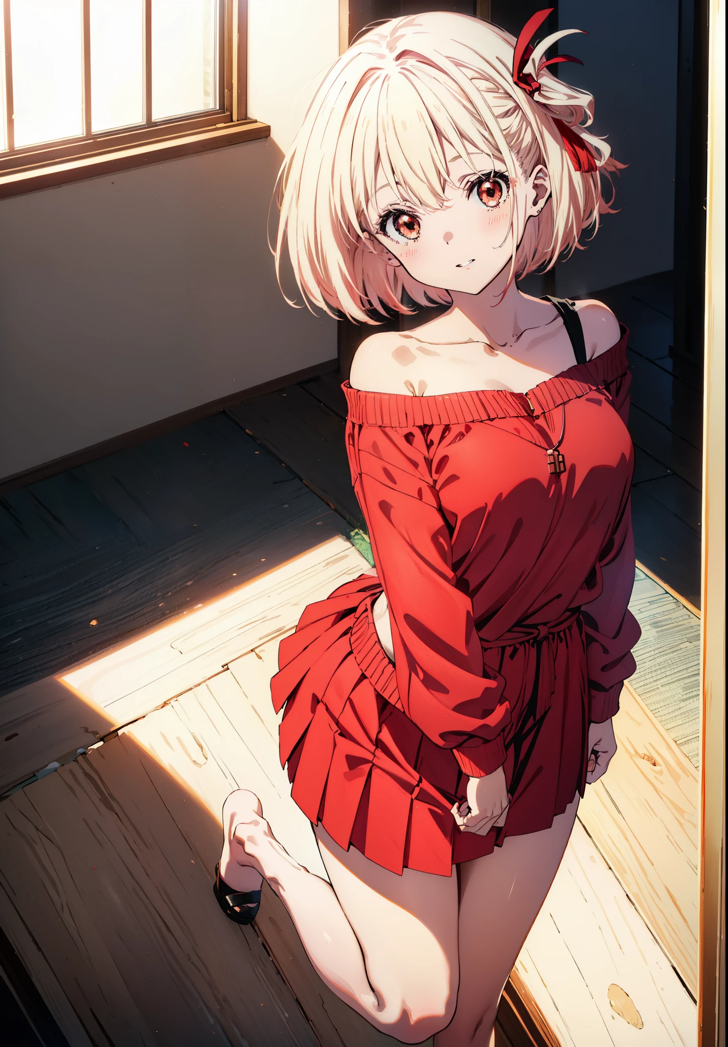 Chisato Nishikigi, short hair, bangs, Blonde, (Red eyes:1.5), hair ribbon, One side up, Bobcut,happy smile, smile, Open your mouth,Heart-shaped necklace,Bare neck,Bare shoulders,bare clavicle,Red one-shoulder sweater,mini skirt,Black pantyhose,short boots,Walking,whole bodyがイラストに入るように,Daytime,Clear skies,
break indoors,School,canteen,
break looking at viewer, whole body,
break (masterpiece:1.2), Highest quality, High resolution, unity 8k wallpaper, (figure:0.8), (Beautiful attention to detail:1.6), Highly detailed face, Perfect lighting, Highly detailed CG, (Perfect hands, Perfect Anatomy),
