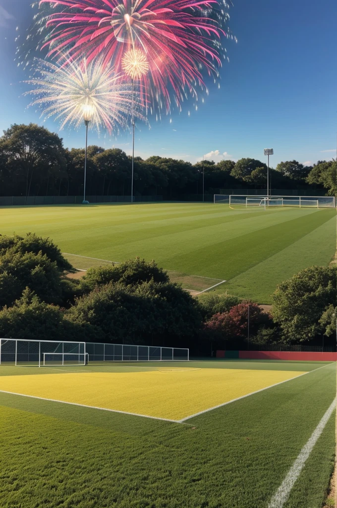 Soccer field where the grass is yellow, blue and red. And in the sky you can see fireworks