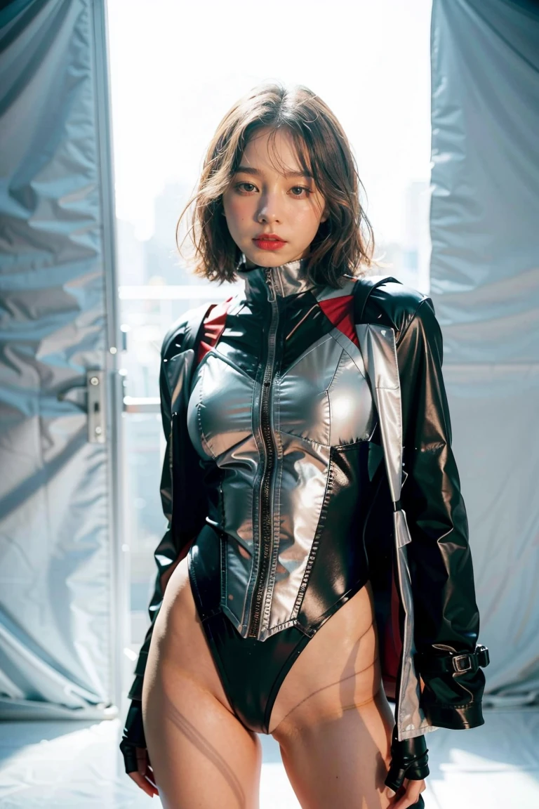 One girl wearing a superhero suit, standing against a white background with perfect skin and a perfect face. The image is in 4K high resolution.