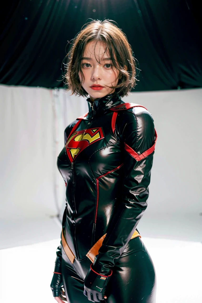 One girl wearing a superhero suit, standing against a white background with perfect skin and a perfect face. The image is in 4K high resolution.