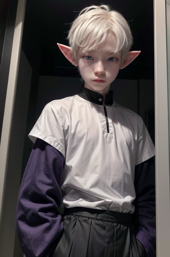 15 year old Albino male with elf ears ,gray hair that is medium short to medium long, wear y2k style clothes, purple eyes ,a little muscular but wearing a black long-sleeved blouse  , with a face like a 20 year old man   
