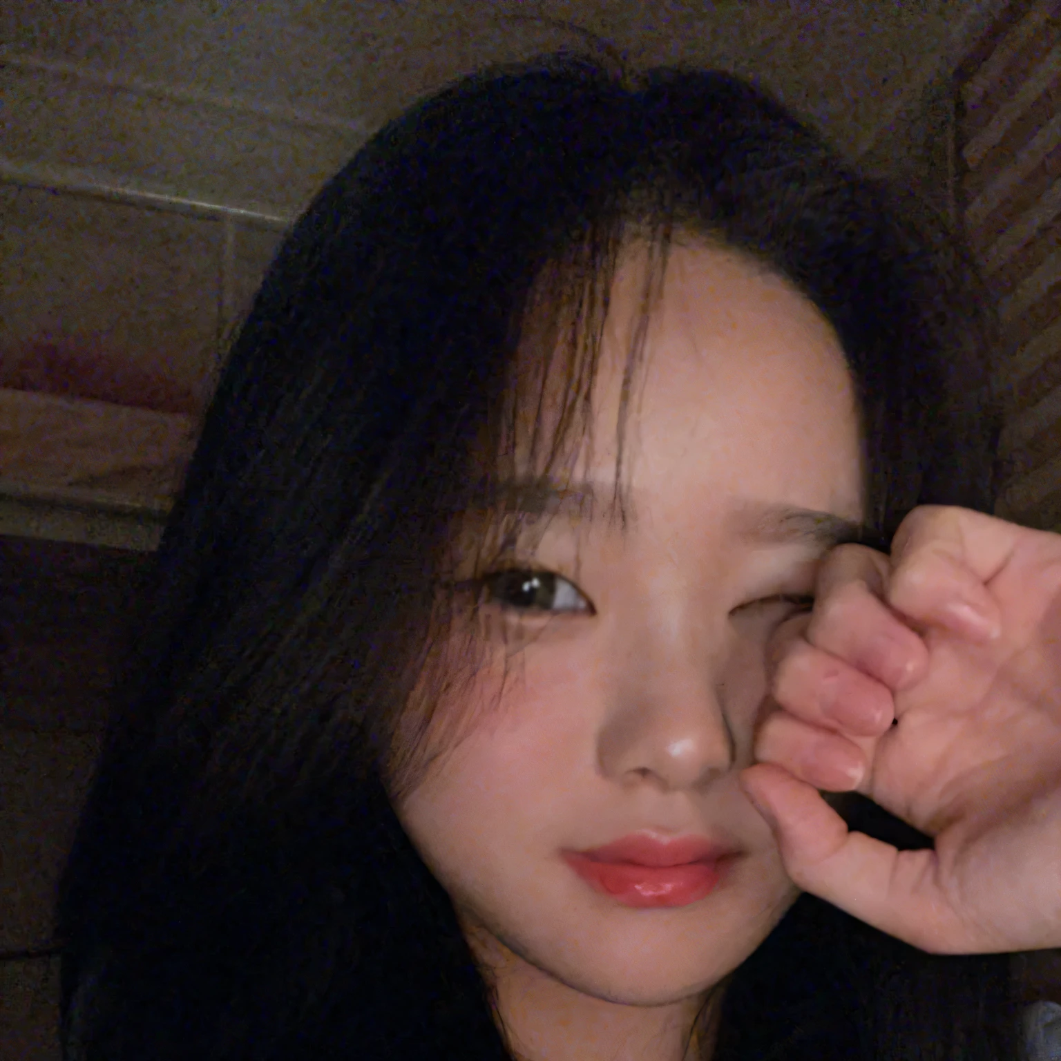 A woman with long black hair is touching her eyes, Best Face, Jinyoung Shin, Jaeyeon Nam, Heonhwa Choi, blackpink jennie, Blackpink Jisoo, (((low light))), cute - okay - with a face, jimin park, with very thin lips, with small nose, ☁🌪🌙👩🏾, Blackpink Jisoo