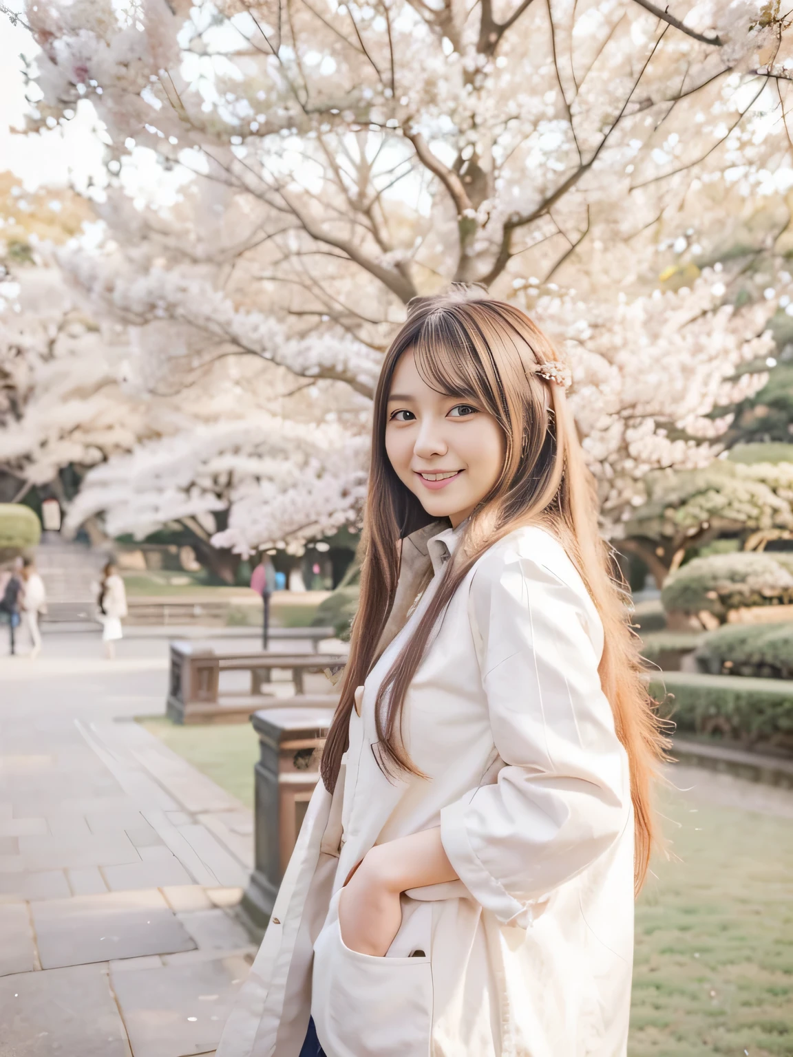A Japanese realistic long-haired girl, with a good figure. At Shinjuku Gyoen. with a simple smile on her face. beautiful, High quality, Night view, and Realistic. Shot from a distance.
