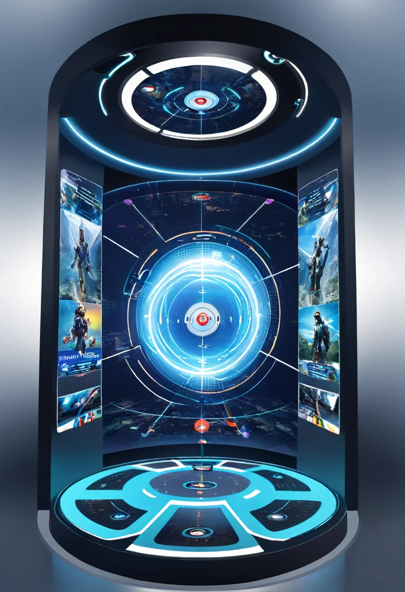 360 view, arch shaped with button panel at a 45 degree angle below, semi-transparent holograms, 3d map, smooth, control for learning modules, futuristic, kid friendly, user interface, techology 