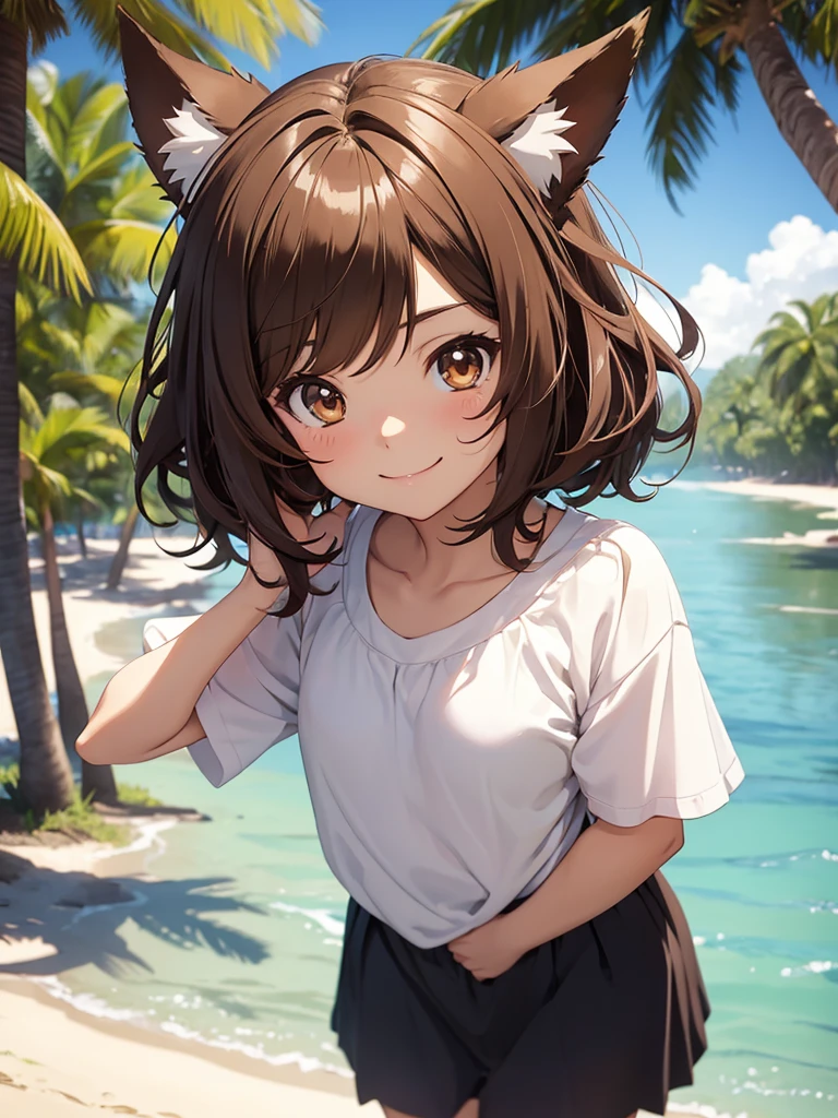 A cute lowteen anime girl, short brown wavy hair, id shot, anime style, big shiny brown eyes, fox ears, 11 yeaer, smile