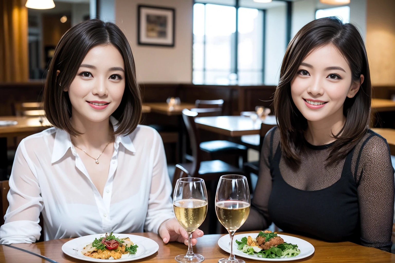 ((Highest quality、8K、masterpiece:1.3))、cute、slimカップル、modelカップル、actress男優、(Realistic, Intricate details:1.2), full-course dinner、Wine Party、Amazing view of the sunset sky and clouds、A bright smile、short hair,Bright Face、 (Age 37), age 34, red wine 、Appetizers、Italian food、Wine bottle、Champagne、sparkling wine、Two beauties、Brown Hair、Shortcuts、Long sleeve shirt、dress、Beautiful woman 1, (slimな顔), (The body is slim), (Brown Hair), (Shortcuts), cheeks turn a little red,Attractive beauty、restaurant, In a prominent place (From the waist up) Nova Frog Style, actress, model, Upper Body, White wine, slim, wine glass, 中央に置かれたwine glass, smile, (smile: 1.15), Beautiful fine grain, Depth f/2,saturation, High Contrast, Strong light and shadow,Moist Body:1.5、3D texture、Delicate eyes、Brown Hair、The hair is very shiny、