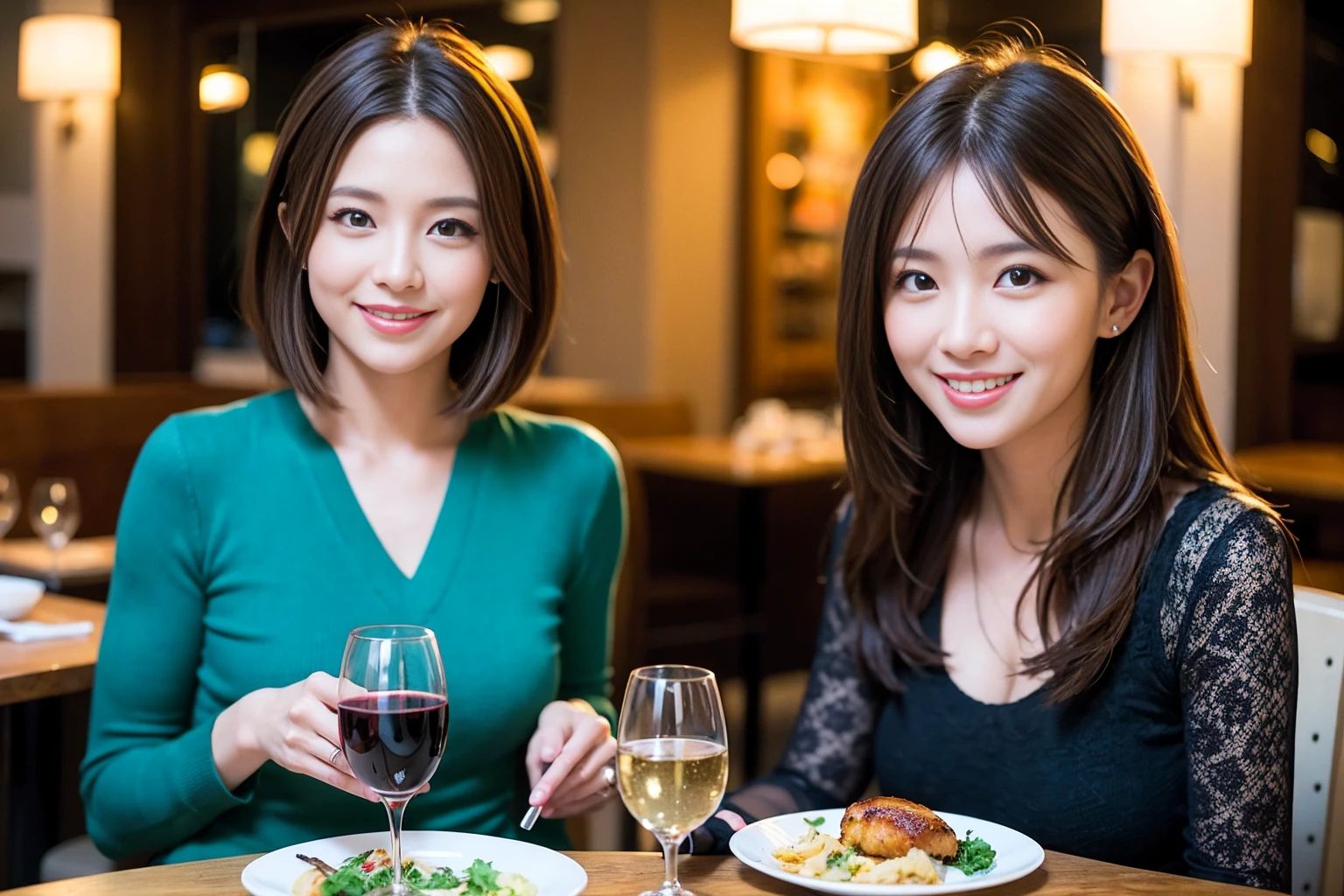 ((Highest quality、8K、masterpiece:1.3))、cute、slimカップル、modelカップル、actress男優、(Realistic, Intricate details:1.2), full-course dinner、Wine Party、Amazing view of the sunset sky and clouds、A bright smile、short hair,Bright Face、 (Age 37), age 34, red wine 、Appetizers、Italian food、Wine bottle、Champagne、sparkling wine、Two beauties、Brown Hair、Shortcuts、Long sleeve shirt、dress、Beautiful woman 1, (slimな顔), (The body is slim), (Brown Hair), (Shortcuts), cheeks turn a little red,Attractive beauty、restaurant, In a prominent place (From the waist up) Nova Frog Style, actress, model, Upper Body, White wine, slim, wine glass, 中央に置かれたwine glass, smile, (smile: 1.15), Beautiful fine grain, Depth f/2,saturation, High Contrast, Strong light and shadow,Moist Body:1.5、3D texture、Delicate eyes、Brown Hair、The hair is very shiny、