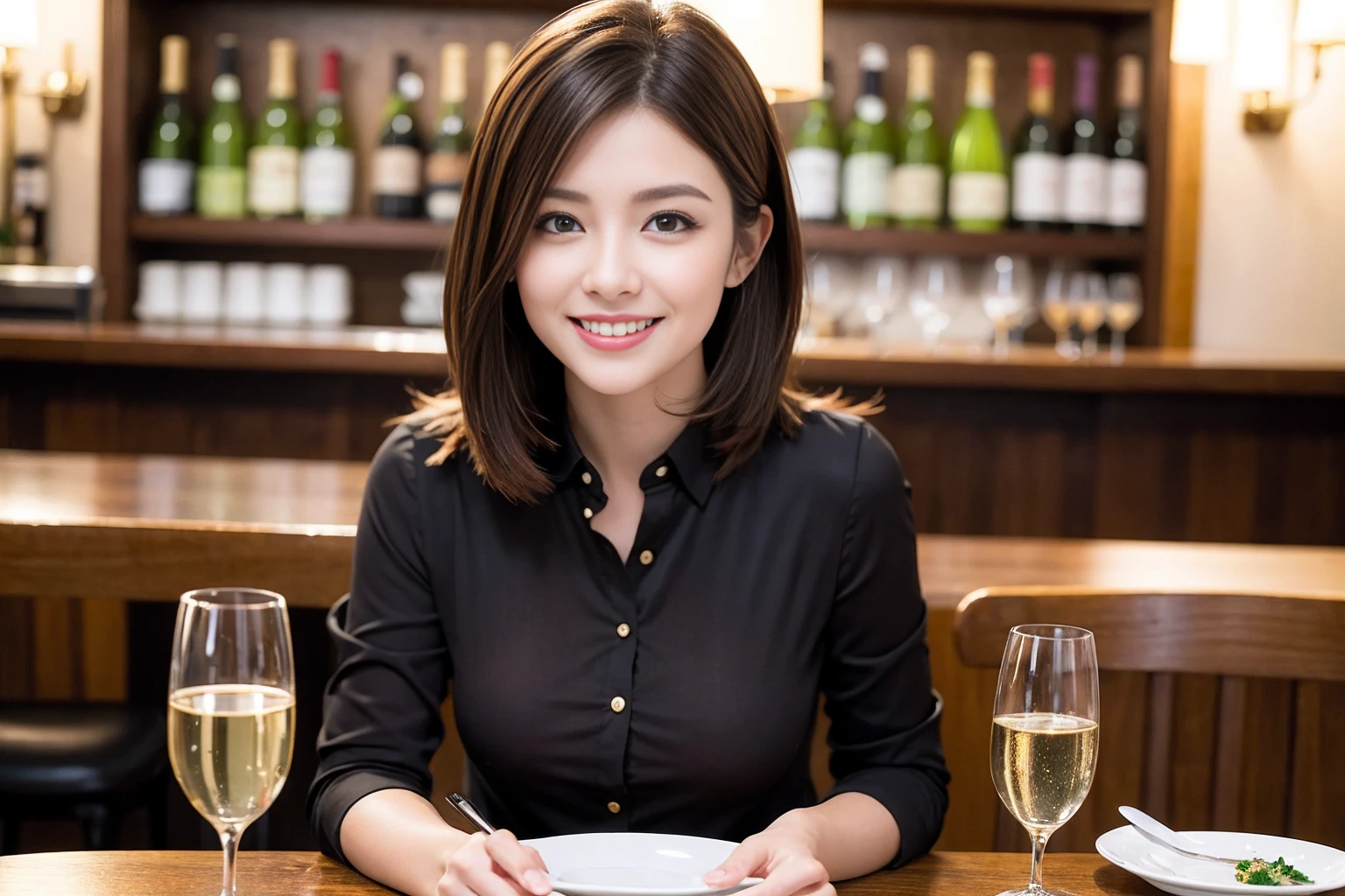 ((Highest quality、8K、masterpiece:1.3))、cute、slimカップル、modelカップル、actress男優、(Realistic, Intricate details:1.2), full-course dinner、Wine Party、Amazing view of the sunset sky and clouds、A bright smile、short hair,Bright Face、 (Age 37), age 34, red wine 、Appetizers、Italian food、Wine bottle、Champagne、sparkling wine、Two beauties、Brown Hair、Shortcuts、Long sleeve shirt、dress、Beautiful woman 1, (slimな顔), (The body is slim), (Brown Hair), (Shortcuts), cheeks turn a little red,Attractive beauty、restaurant, In a prominent place (From the waist up) Nova Frog Style, actress, model, Upper Body, White wine, slim, wine glass, 中央に置かれたwine glass, smile, (smile: 1.15), Beautiful fine grain, Depth f/2,saturation, High Contrast, Strong light and shadow,Moist Body:1.5、3D texture、Delicate eyes、Brown Hair、The hair is very shiny、