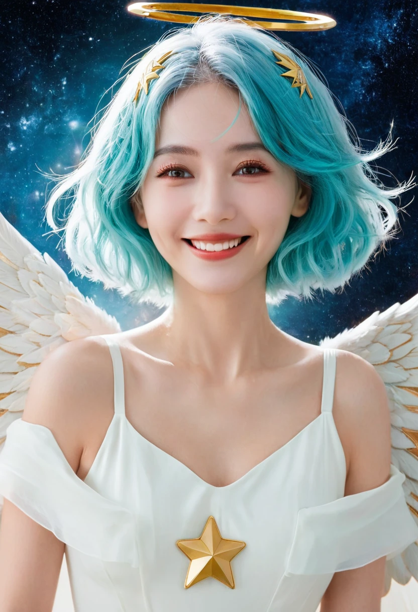 A woman, Cyan hair, Red Eyes, Smile, Angel Wings, Golden Halo, White Dress, upright, In outer space, Milky Way in the background, stars in the distance, Upper Body