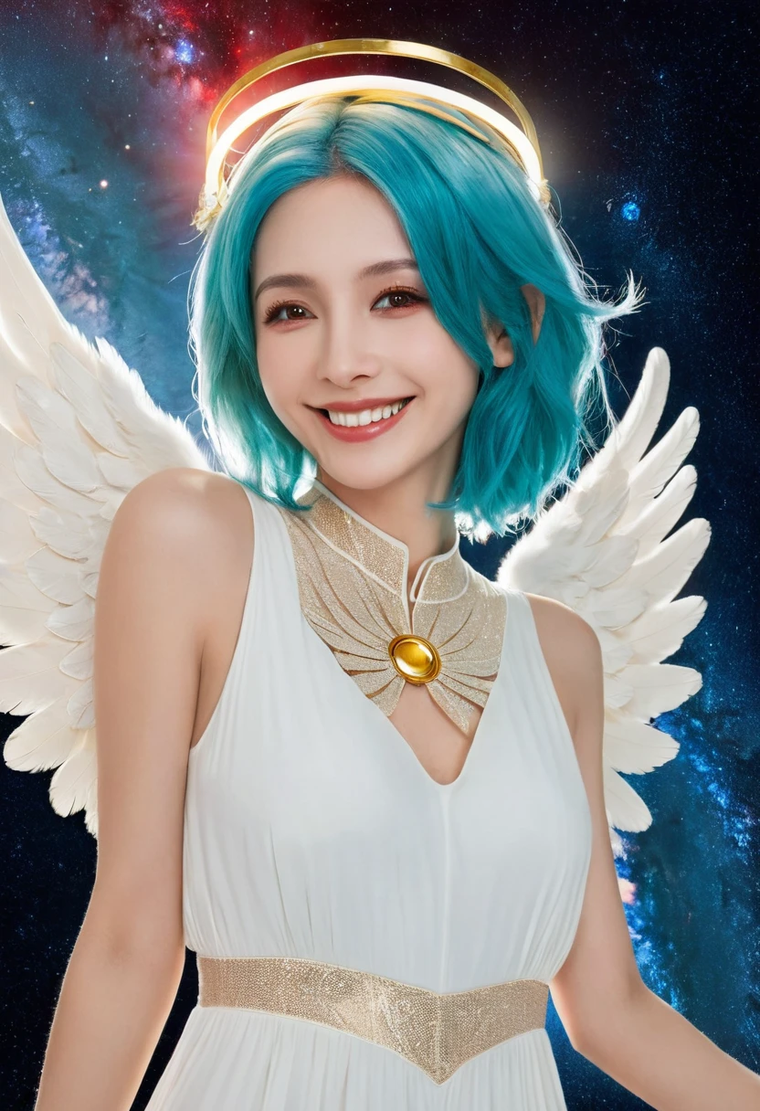 A woman, Cyan hair, Red Eyes, Smile, Angel Wings, Golden Halo, White Dress, upright, In outer space, Milky Way in the background, stars in the distance, Upper Body