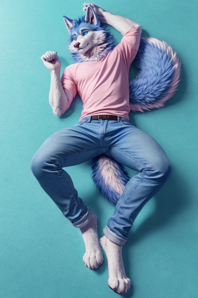 full body Male blue wolf furry blue eyes blue background fluffy tail lying down on the floor with squat legs open skinny light pink color jeans and pink shirts