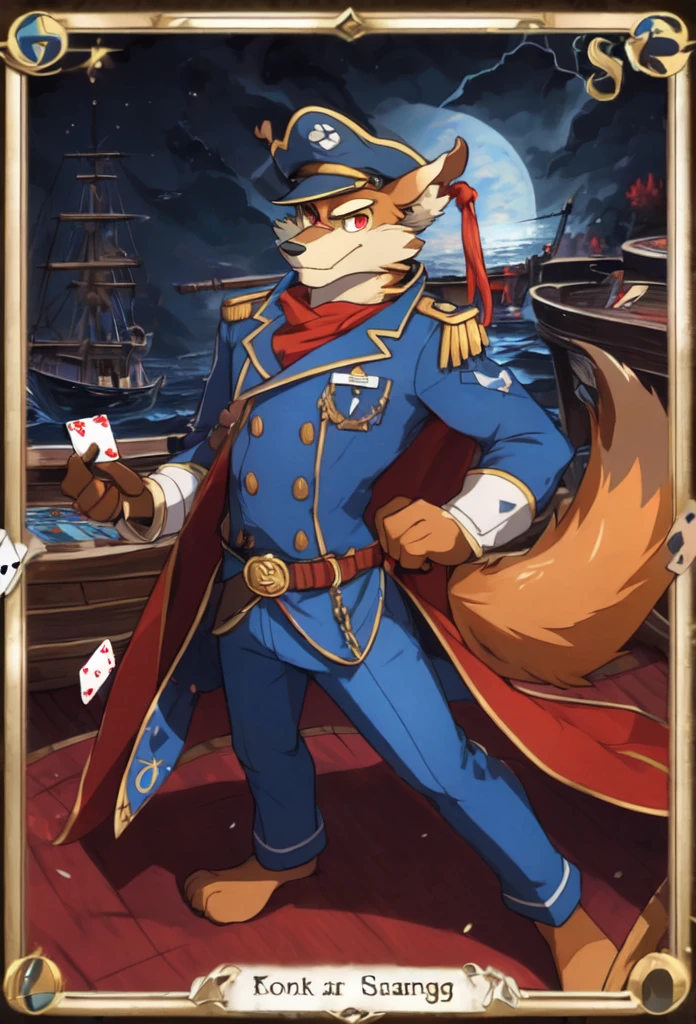 (((full image of poker card)))

((Jack of Spades)) - (((Don Karnage))):
Barefoot furry character, furry male, plantigrade

Don Karnage, the swashbuckling red wolf pirate from "TaleSpin." He has reddish fur, sharp red eyes, and a lean, agile build.
Don Karnage is dressed in a blue captain's military uniform with red and gold accents, light blue pants and tricorn hat.
The background features a pirate ship with spade-shaped sails and a stormy sea.
Card Elements: The (spade symbol) is prominently displayed, with Don Karnage wielding a cutlass. The border of card is adorned with spade patterns and nautical motifs.

BREAK, masterpiece, ((detailed background)), ((dynamic background)), 8K, (masterpiece:1.5), intricate details, highly detailed, extreme detail, octane render, unreal engine, anime art, best quality, highres, (detailed face:1.5), ((full_body)), UHD, (((perfect hands))), low light