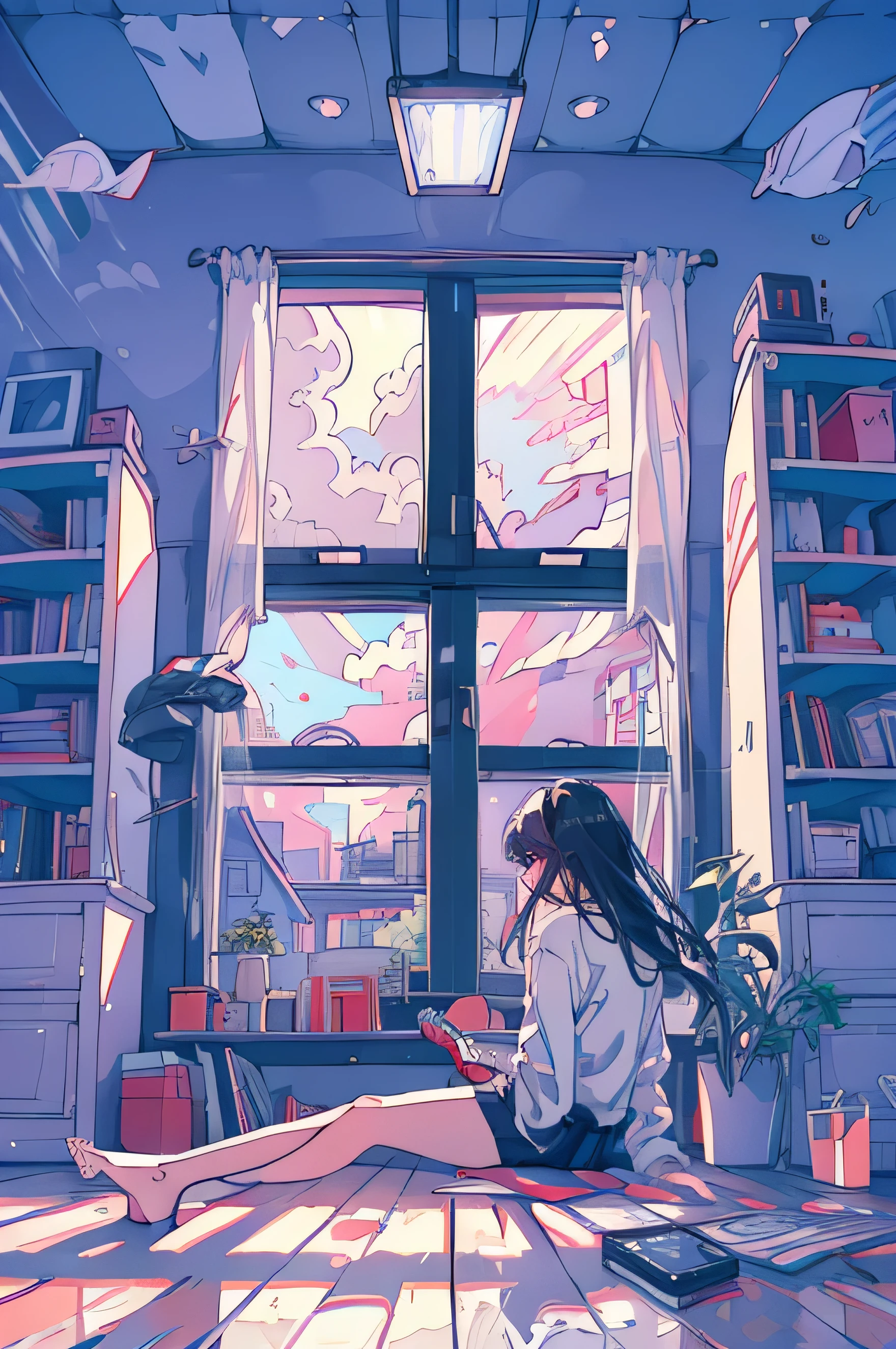 (1 girl), 20 years old, details, black hair, long hair, (white underwear), white shirt, in front of a large window, (standing facing the window), playing guitar, back view, indoor room, hardwood floor , bookshelf, houseplants, big clouds outside the window, portrait, sunset, sitting