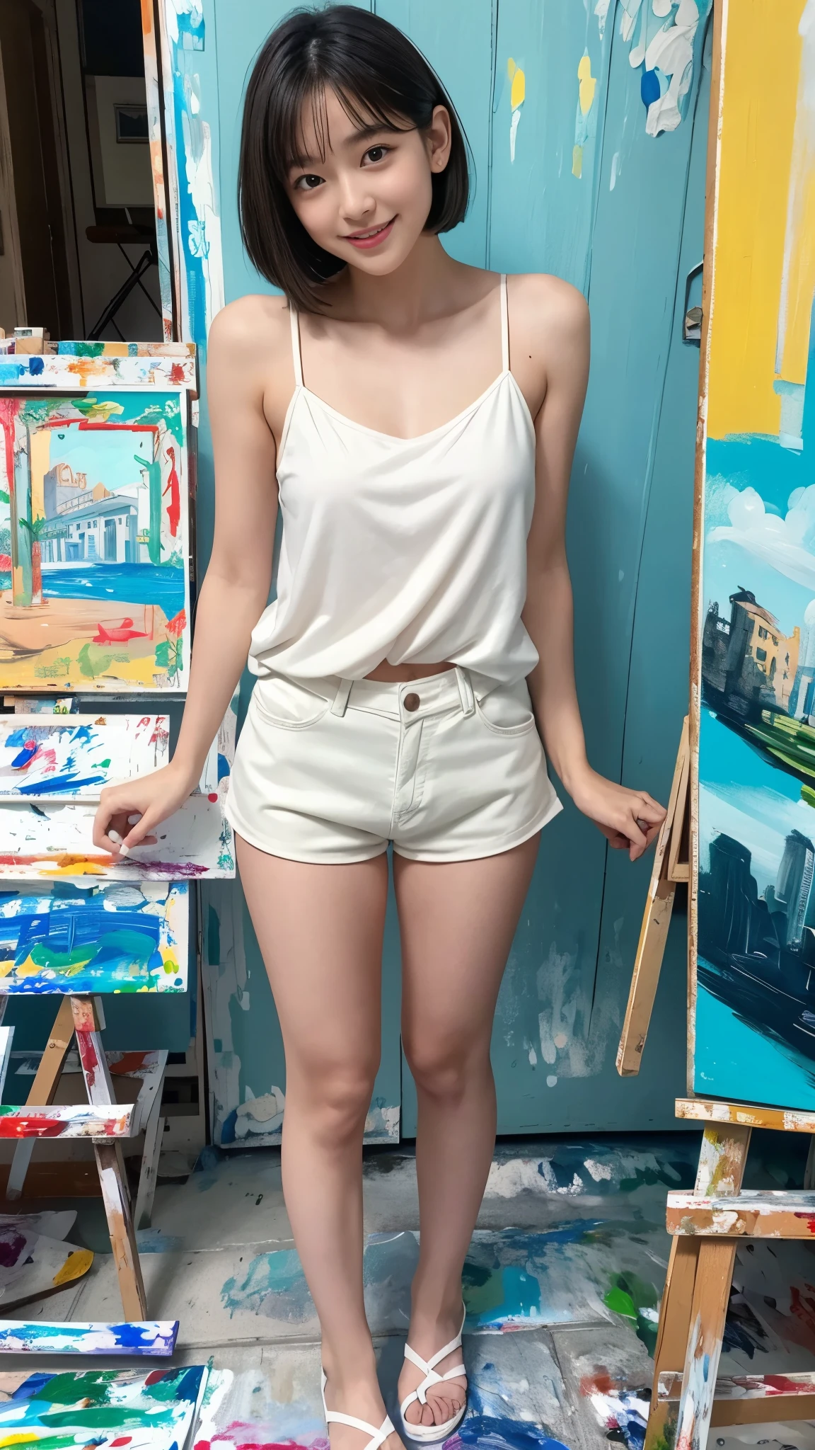 最high quality, table top, high resolution,18 years old wearing white camisole, 1 girl,very beautiful face,(very beautiful face의 초고화질 이미지)(White camisole),realistic, New York's Night View、blurred background、,full body image,(high definition skin:1.2),Looking at the camera with a smiling face,full body image 8K UHD, digital single-lens reflex camera, In softness, bright sunlight,high quality, volume lighting, candid, painting, high resolution,full body image,4K、Japanese university students、a sloppy smile、stand up straight、((((상반신 painting)))),one,Short hair style、camisole