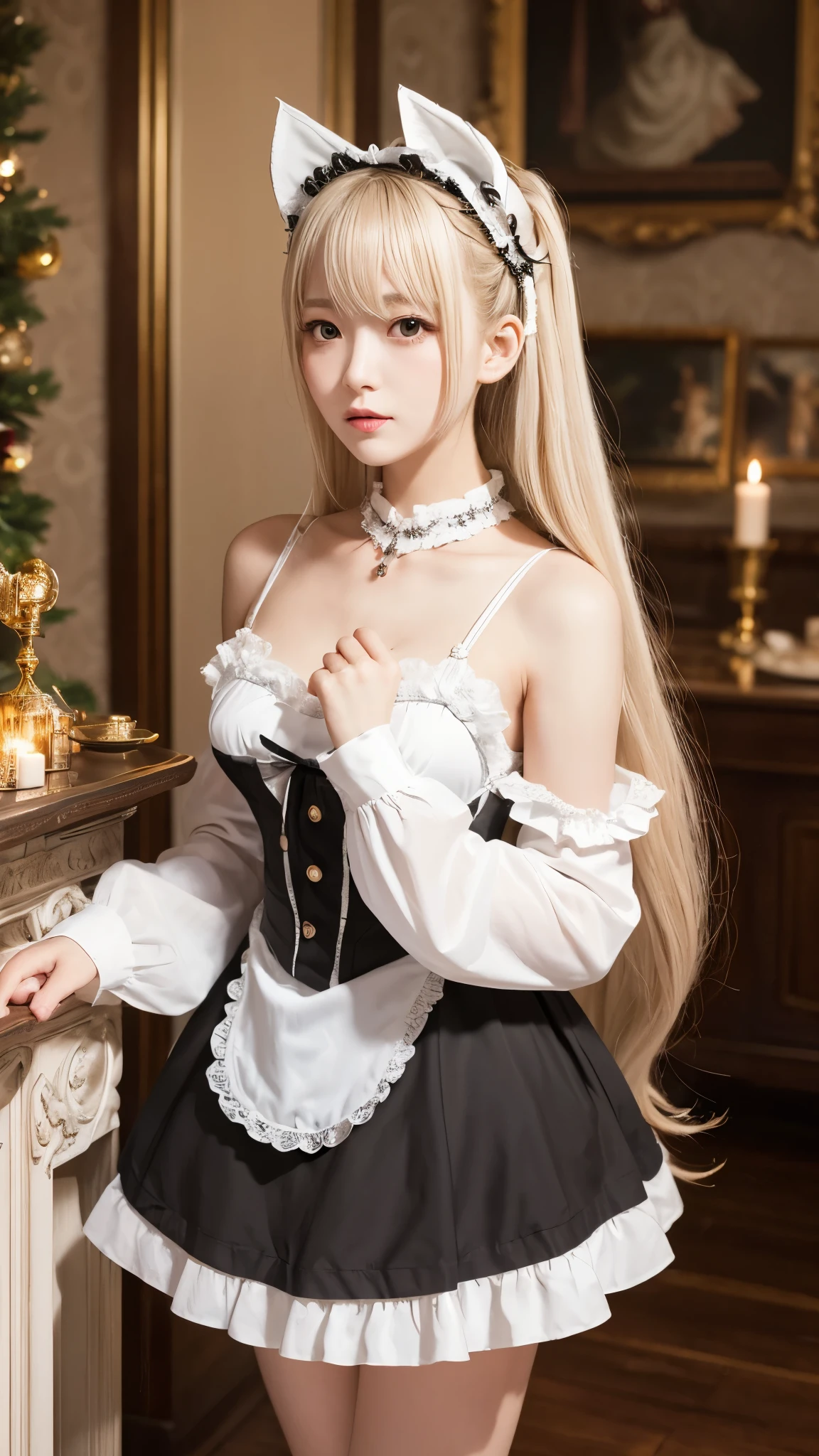 Woman with ,golden curly hair,Blue eyes,white fox ears,,black dressed as a maid