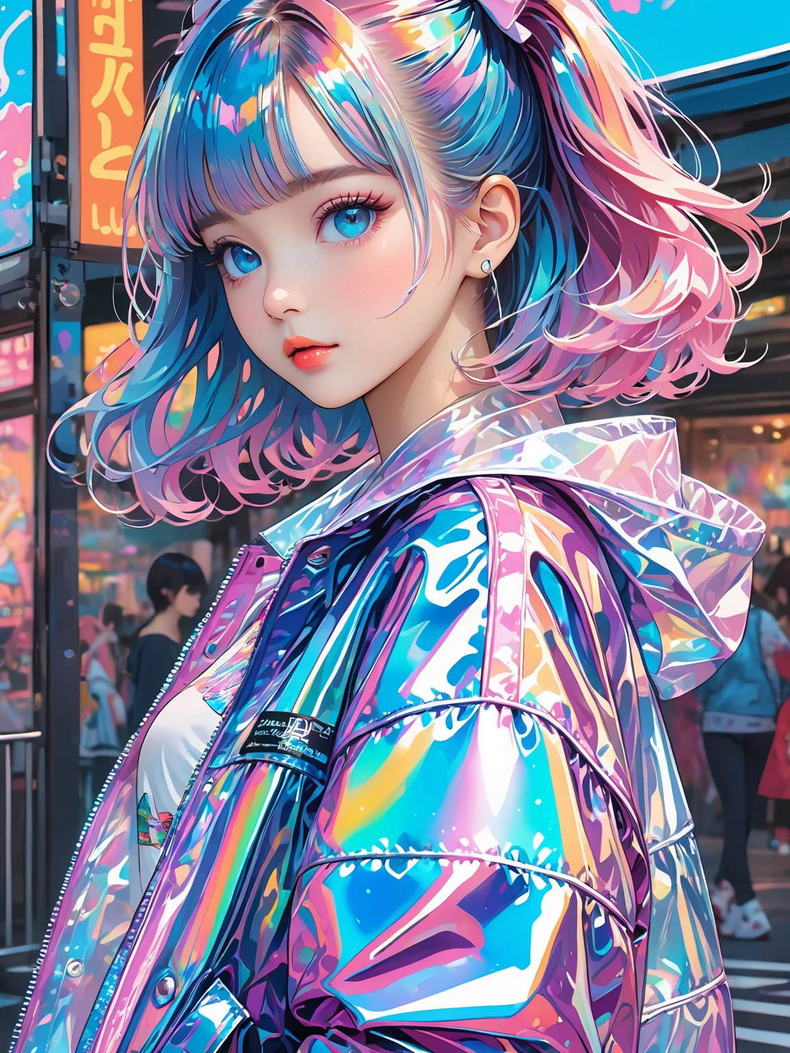 Best quality,masterpiece,transparent color PVC clothing,transparent color vinyl clothing,prismatic,holographic,chromatic aberration,fashion illustration,masterpiece,girl with harajuku fashion,looking at viewer,8k,ultra detailed,pixiv,