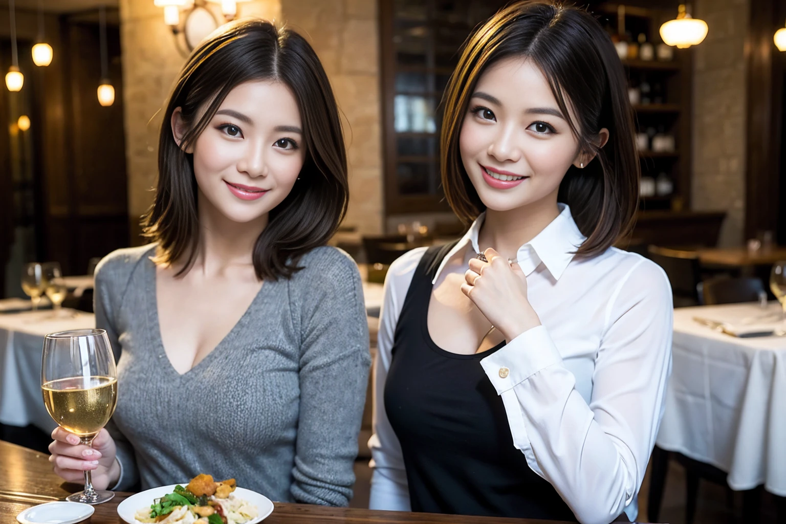((Highest quality、8K、masterpiece:1.3))、cute、slimカップル、modelカップル、actress男優、(Realistic, Intricate details:1.2), full-course dinner、Wine Party、Amazing view of the sunset sky and clouds、A bright smile、short hair,Bright Face、 (Age 44), Age 42, red wine 、Appetizers、Italian food、Wine bottle、Champagne、sparkling wine、Two beauties、Brown Hair、Shortcuts、Long sleeve shirt、dress、Beautiful woman 1, (slimな顔), (The body is slim), (Brown Hair), (Shortcuts), cheeks turn a little red,Attractive beauty、restaurant, In a prominent place (From the waist up) Nova Frog Style, actress, model, Upper Body, White wine, slim, wine glass, 中央に置かれたwine glass, smile, (smile: 1.15), Beautiful fine grain, Depth f/2,saturation, High Contrast, Strong light and shadow,Moist Body:1.5、3D texture、Delicate eyes、Brown Hair、The hair is very shiny、