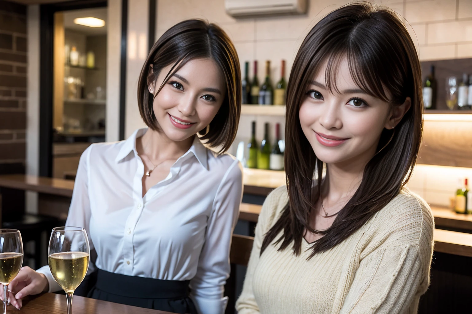 ((Highest quality、8K、masterpiece:1.3))、cute、slimカップル、modelカップル、actress男優、(Realistic, Intricate details:1.2), full-course dinner、Wine Party、Amazing view of the sunset sky and clouds、A bright smile、short hair,Bright Face、 (Age 44), Age 42, red wine 、Appetizers、Italian food、Wine bottle、Champagne、sparkling wine、Two beauties、Brown Hair、Shortcuts、Long sleeve shirt、dress、Beautiful woman 1, (slimな顔), (The body is slim), (Brown Hair), (Shortcuts), cheeks turn a little red,Attractive beauty、restaurant, In a prominent place (From the waist up) Nova Frog Style, actress, model, Upper Body, White wine, slim, wine glass, 中央に置かれたwine glass, smile, (smile: 1.15), Beautiful fine grain, Depth f/2,saturation, High Contrast, Strong light and shadow,Moist Body:1.5、3D texture、Delicate eyes、Brown Hair、The hair is very shiny、