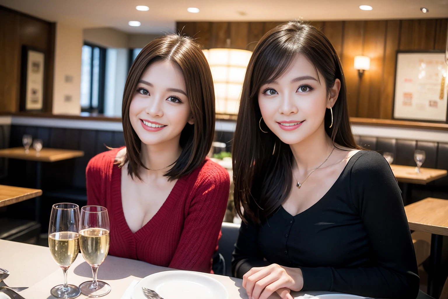((Highest quality、8K、masterpiece:1.3))、cute、slimカップル、modelカップル、actress男優、(Realistic, Intricate details:1.2), full-course dinner、Wine Party、Amazing view of the sunset sky and clouds、A bright smile、short hair,Bright Face、 (Age 44), Age 42, red wine 、Appetizers、Italian food、Wine bottle、Champagne、sparkling wine、Two beauties、Brown Hair、Shortcuts、Long sleeve shirt、dress、Beautiful woman 1, (slimな顔), (The body is slim), (Brown Hair), (Shortcuts), cheeks turn a little red,Attractive beauty、restaurant, In a prominent place (From the waist up) Nova Frog Style, actress, model, Upper Body, White wine, slim, wine glass, 中央に置かれたwine glass, smile, (smile: 1.15), Beautiful fine grain, Depth f/2,saturation, High Contrast, Strong light and shadow,Moist Body:1.5、3D texture、Delicate eyes、Brown Hair、The hair is very shiny、