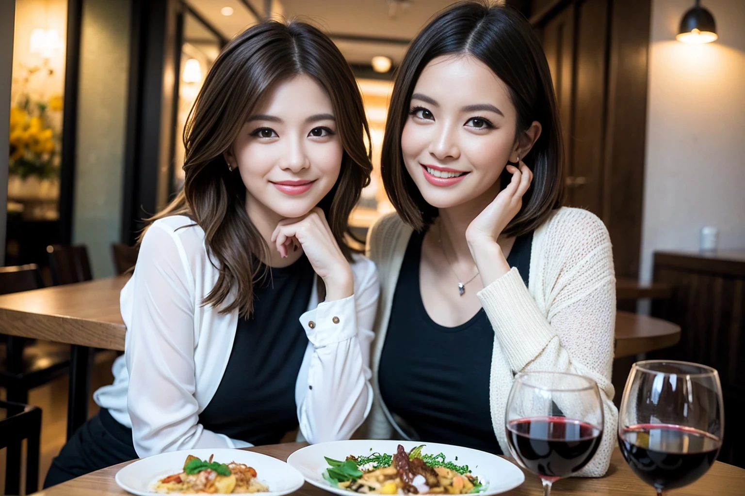 ((Highest quality、8K、masterpiece:1.3))、cute、slimカップル、modelカップル、actress男優、(Realistic, Intricate details:1.2), full-course dinner、Wine Party、Amazing view of the sunset sky and clouds、A bright smile、short hair,Bright Face、 (Age 44), Age 42, red wine 、Appetizers、Italian food、Wine bottle、Champagne、sparkling wine、Two beauties、Brown Hair、Shortcuts、Long sleeve shirt、dress、Beautiful woman 1, (slimな顔), (The body is slim), (Brown Hair), (Shortcuts), cheeks turn a little red,Attractive beauty、restaurant, In a prominent place (From the waist up) Nova Frog Style, actress, model, Upper Body, White wine, slim, wine glass, 中央に置かれたwine glass, smile, (smile: 1.15), Beautiful fine grain, Depth f/2,saturation, High Contrast, Strong light and shadow,Moist Body:1.5、3D texture、Delicate eyes、Brown Hair、The hair is very shiny、