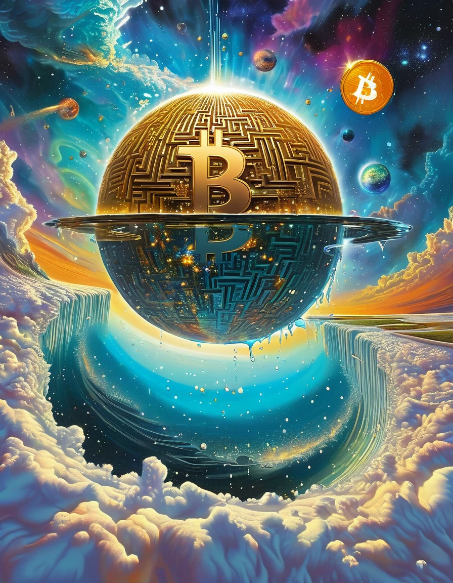 Split image of a Maze Globe, in each maze is home, nostalgic concept art piece expressing the human condition through an incredibly creative display of a Bitcoin melting into a galaxy made of glass galaxy crystals, its numbers dripping like tears into a pool of time into a Salvador Dali style painting, background is nebula sunlight shining through misty atmosphere around planet, beautiful, colorful, intricate,