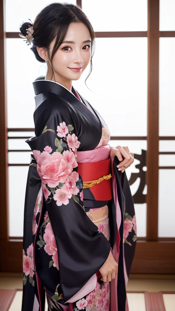 (Super beautiful woman in kimono)、((highest quality、8K masterpiece:1.3))、sharp focus:1.2、(super beautiful face:1.0)、(shiny skin:1.0)、realistic pictures、black hair、video lighting、High resolution eyes and face、video lighting、japanese actress、from the front、with a happy smile、whole body、wearing a kimono、in Kyoto、(luxury obi)、with a fan