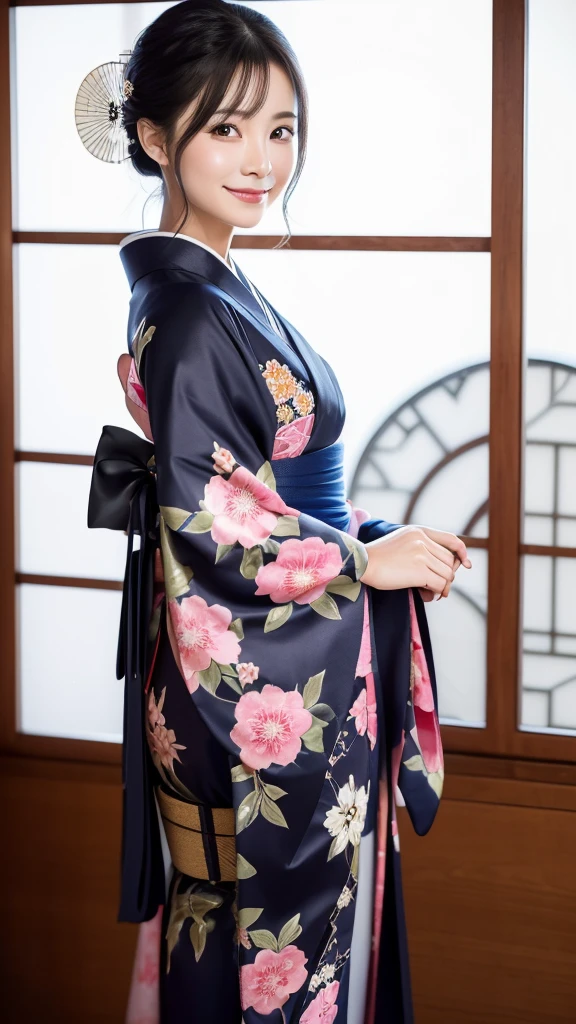 (Super beautiful woman in kimono)、((highest quality、8K masterpiece:1.3))、sharp focus:1.2、(super beautiful face:1.0)、(shiny skin:1.0)、realistic pictures、black hair、video lighting、High resolution eyes and face、video lighting、japanese actress、from the front、with a happy smile、whole body、wearing a kimono、in Kyoto、(luxury obi)、with a fan